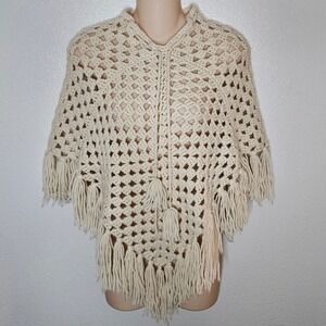 Cream Crochet Poncho Fringe Tassels Bohemian Shawl‎